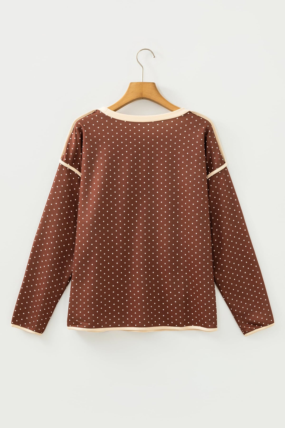 Brown Contrast Trim Long Sleeve Polka Dot Shift Pullover Top