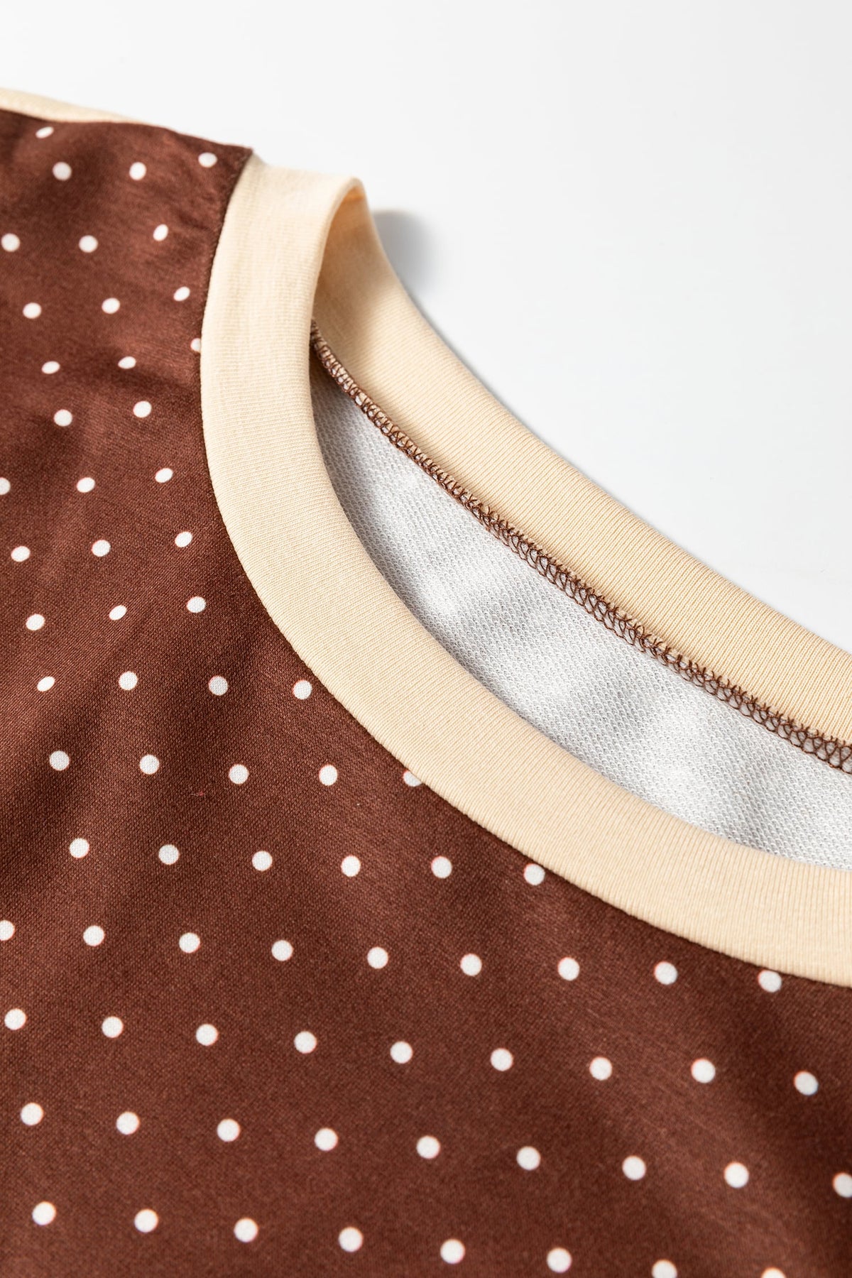 Brown Contrast Trim Long Sleeve Polka Dot Shift Pullover Top