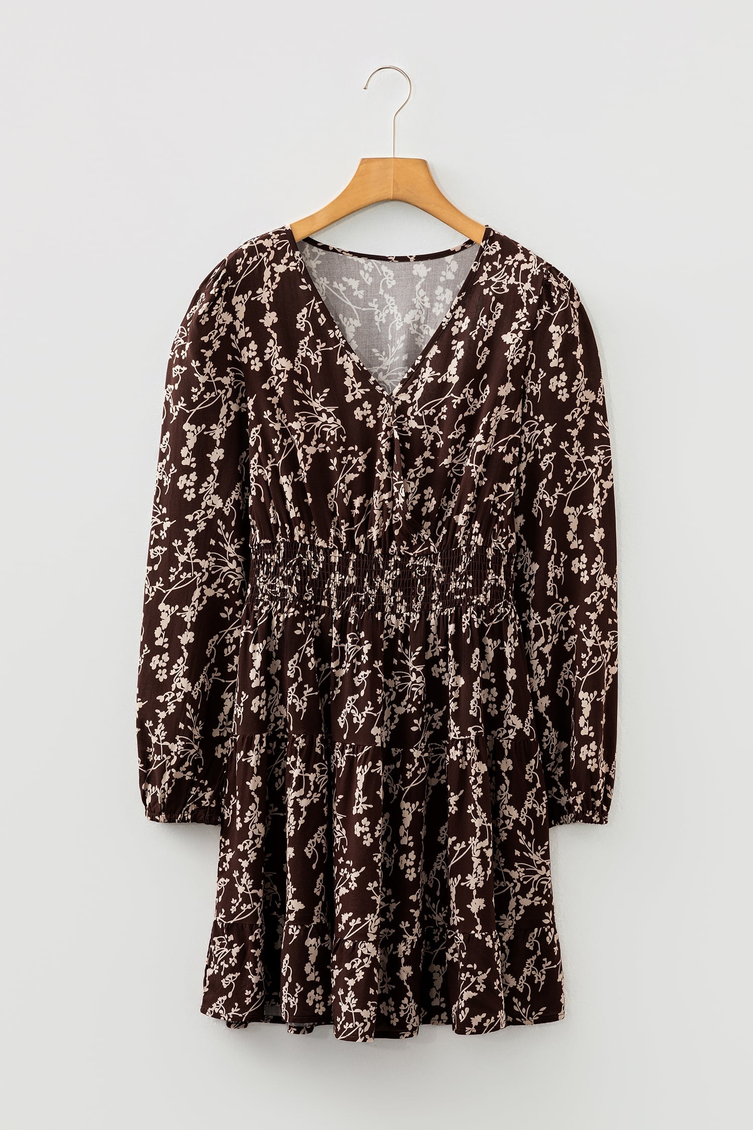 Brown Ditsy Floral Print Split Neck Long Sleeve Shirred Waist Flared Mini Dress
