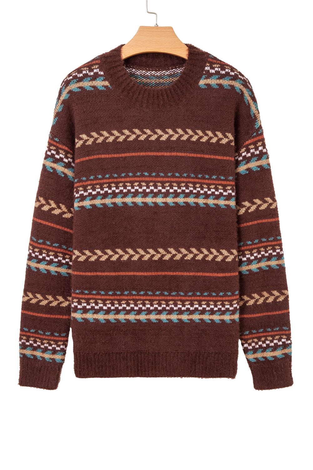 Brown Ethnic Pattern Mohair Knitted Drop Shoulder Sweater