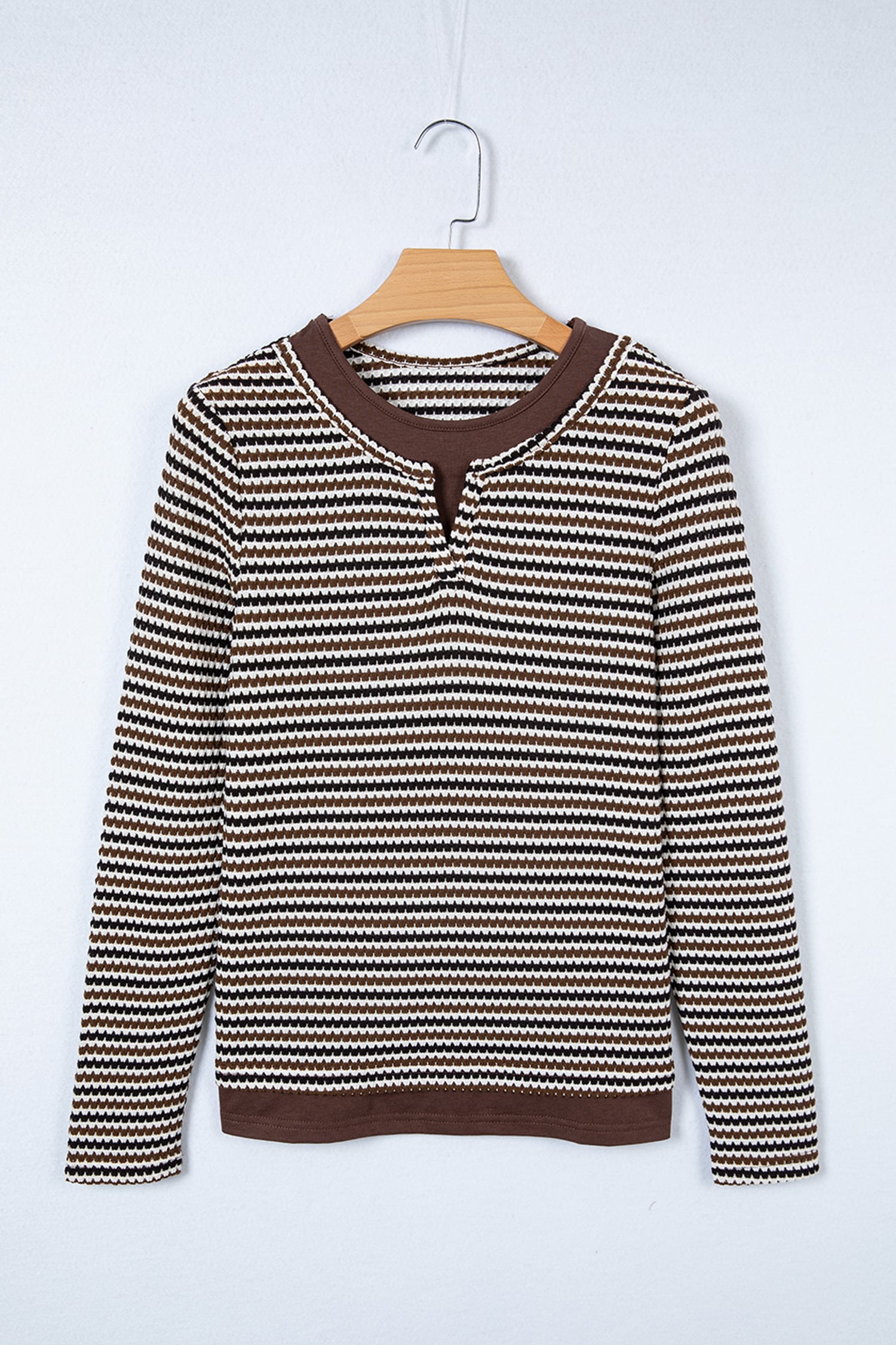 Brown Faux Two Piece Textured Striped Round Neck Long Sleeve T Shirt
