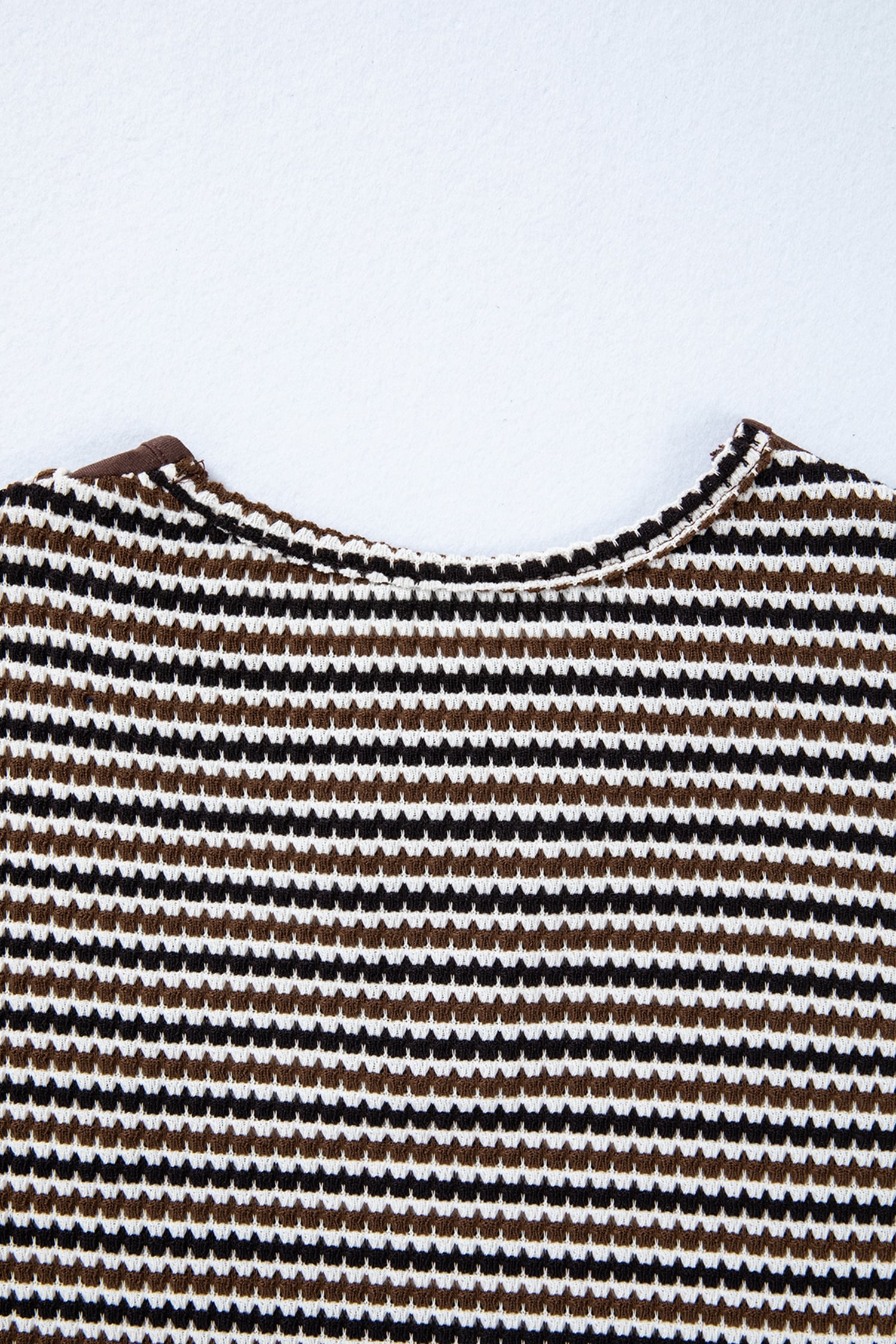 Brown Faux Two Piece Textured Striped Round Neck Long Sleeve T Shirt