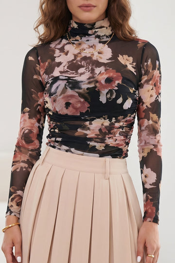 Brown Floral Mesh Long Sleeve High Neck Bodysuit