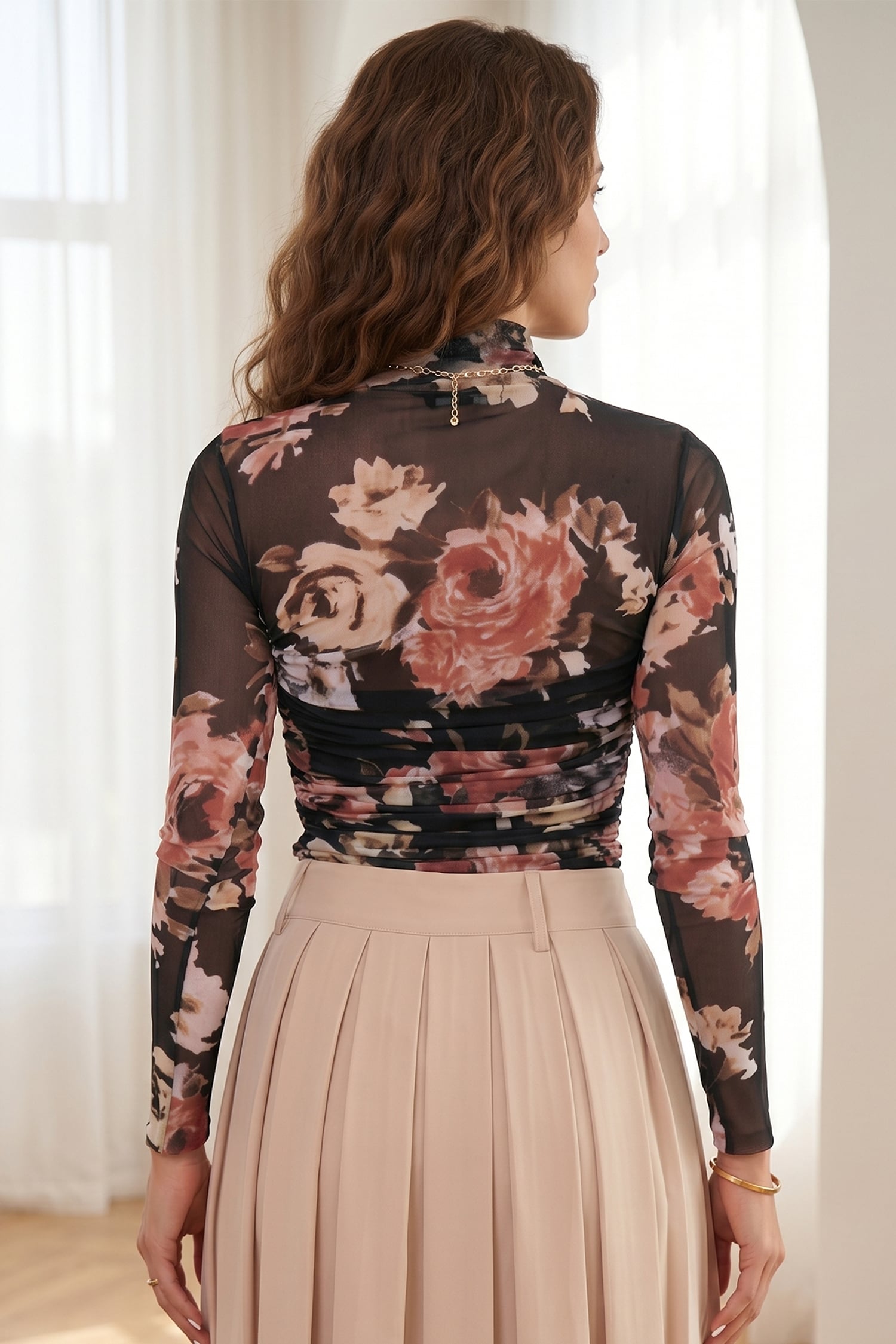 Brown Floral Mesh Long Sleeve High Neck Bodysuit
