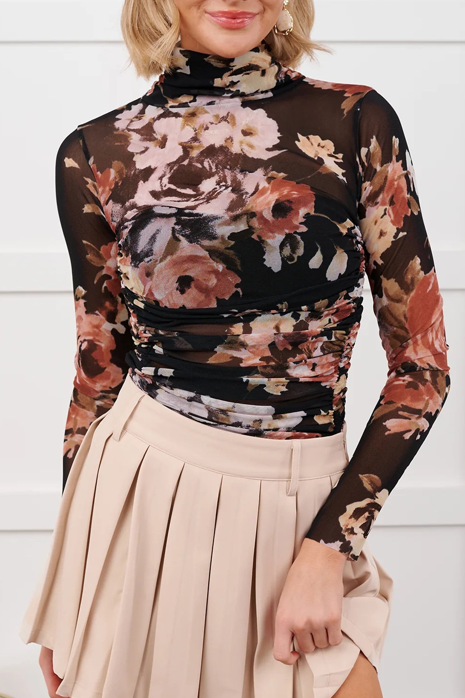 Brown Floral Mesh Long Sleeve High Neck Bodysuit