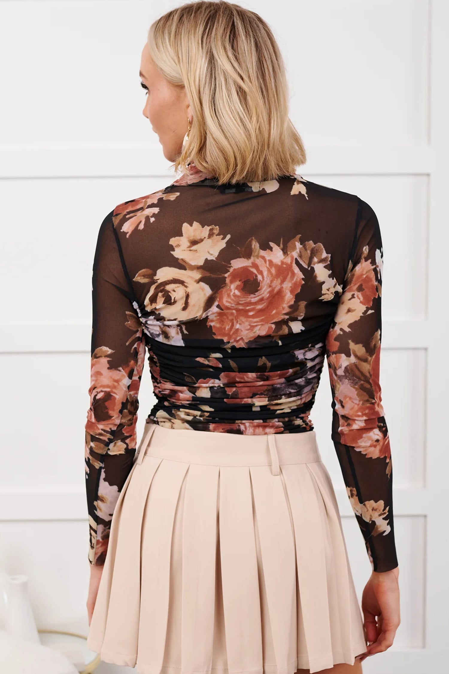 Brown Floral Mesh Long Sleeve High Neck Bodysuit