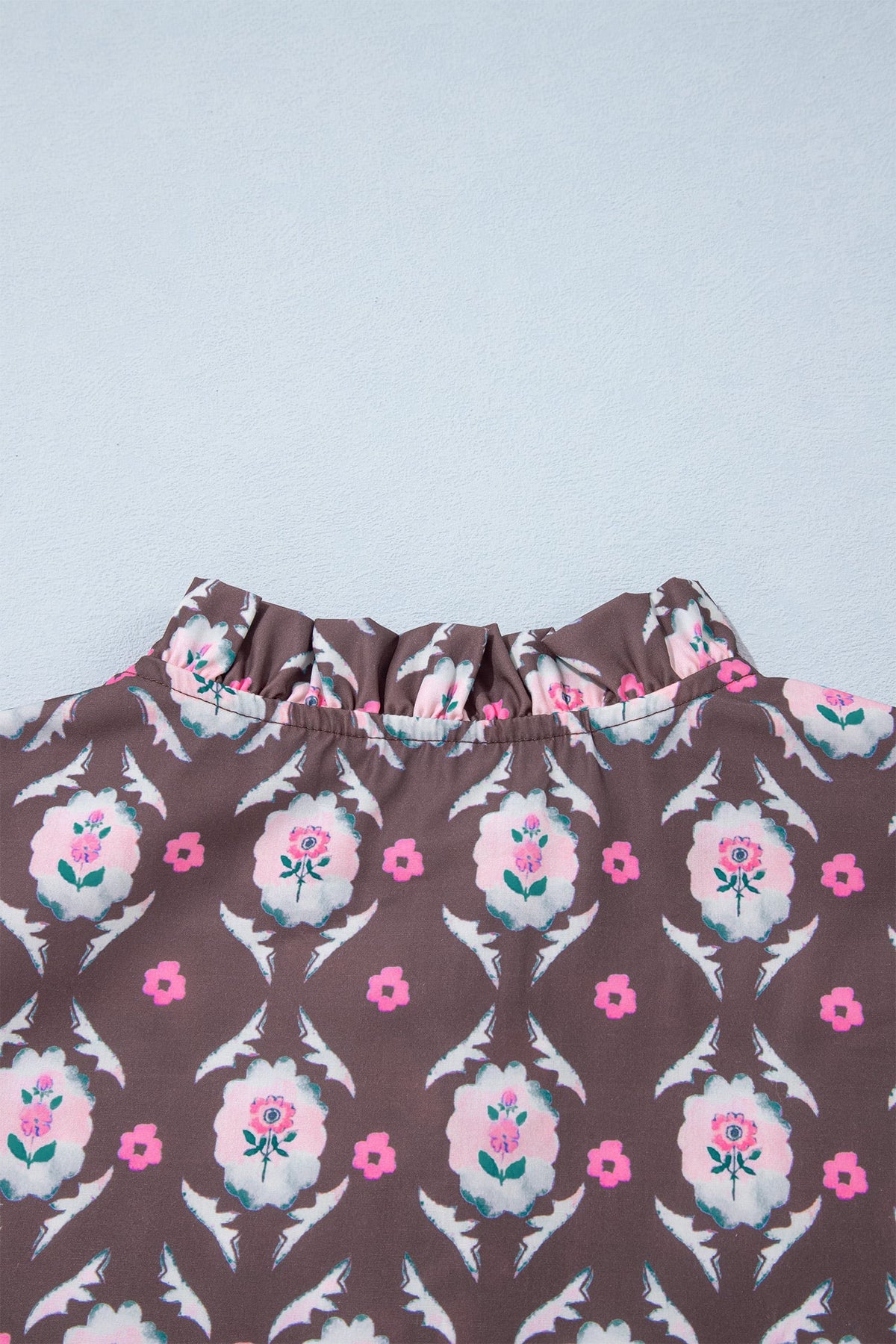 Brown Floral Print Button Front Ruffle Hem Midi Dress