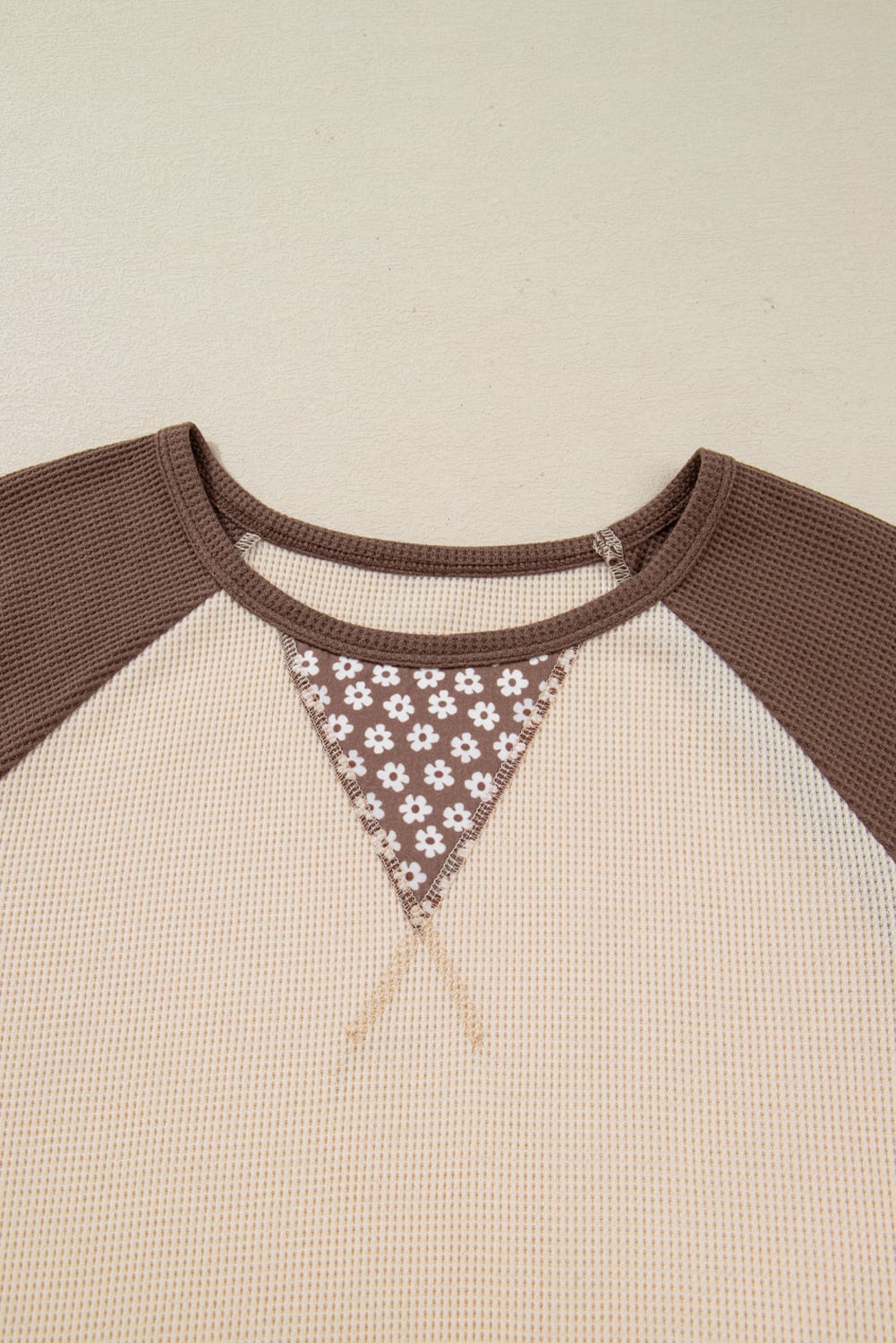 Brown Floral Print Patchwork Color Block Long Sleeve Top
