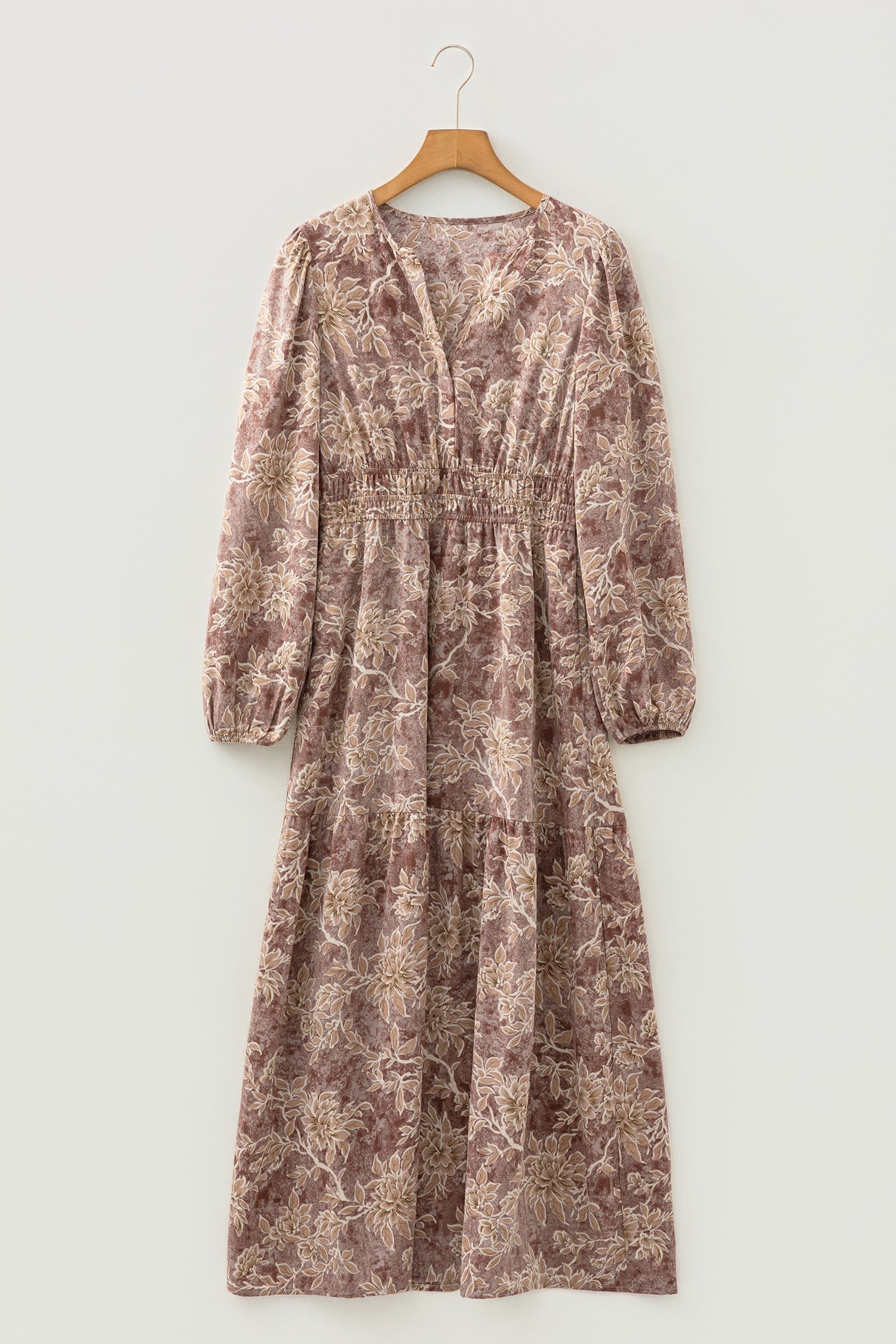 Brown Floral Print Smocked High Waist Long Sleeve Maxi Dress