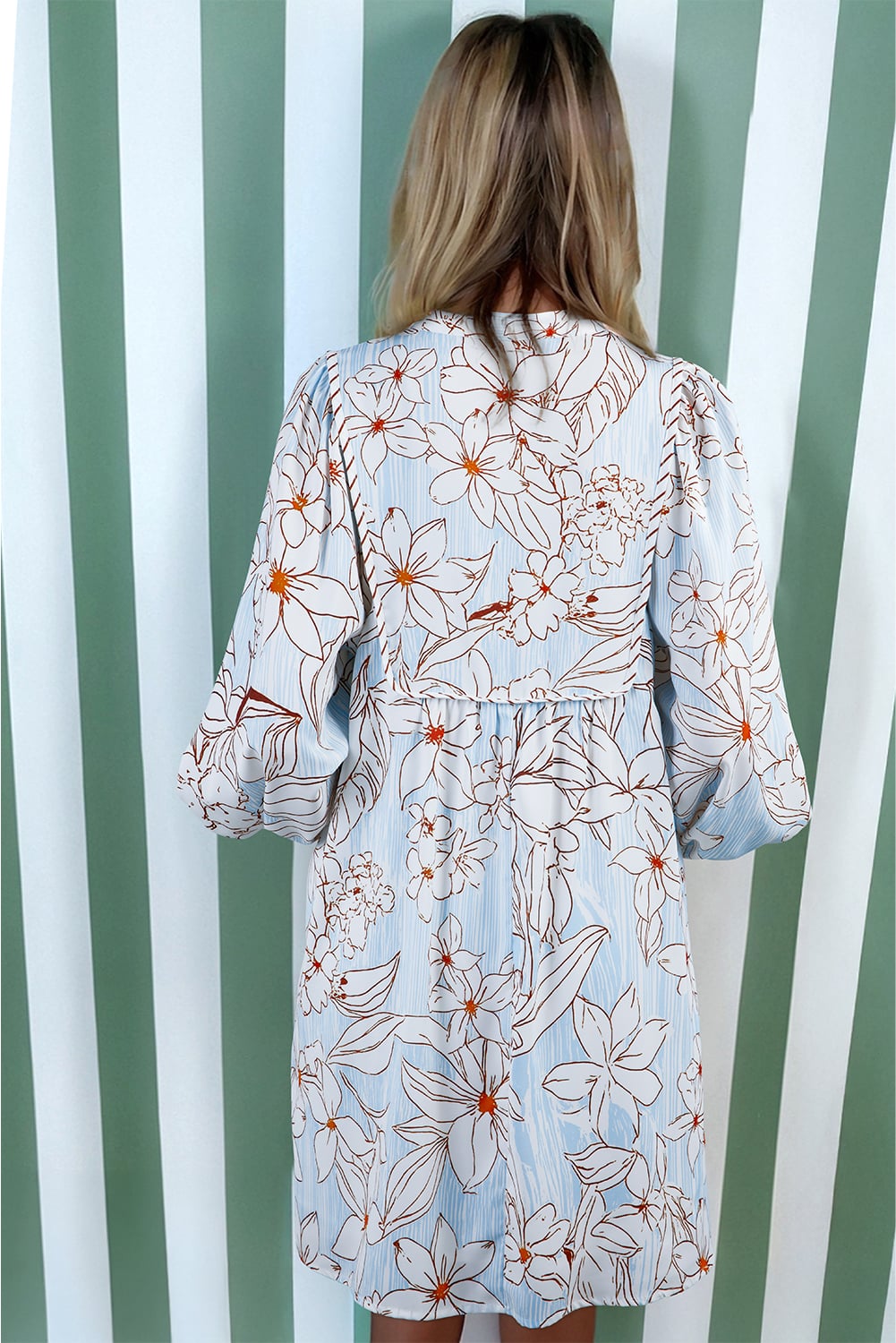 Brown Floral Print Tie Neck 3/4 Sleeve Mini Dress