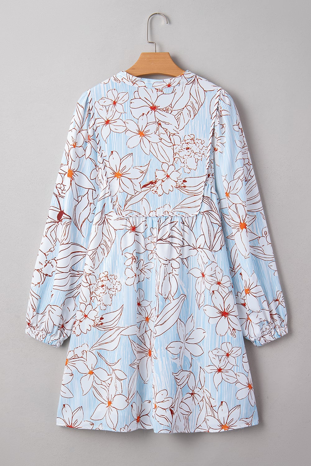 Brown Floral Print Tie Neck 3/4 Sleeve Mini Dress
