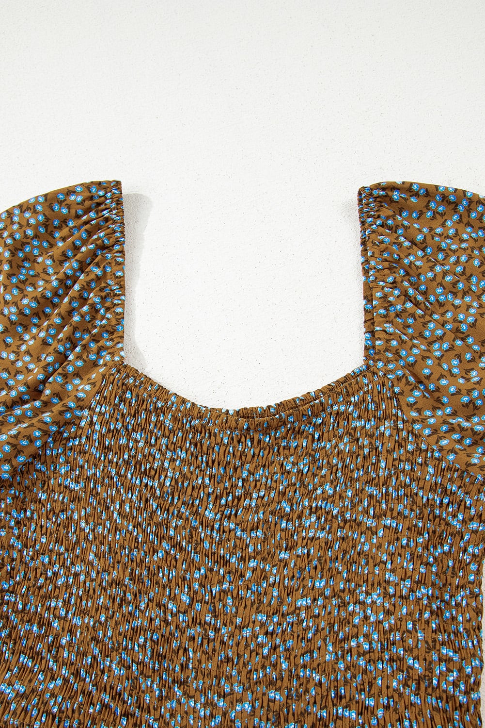 Brown Floral Print Western Smocked Bodice Square Neck Wide Leg Jumpsuit