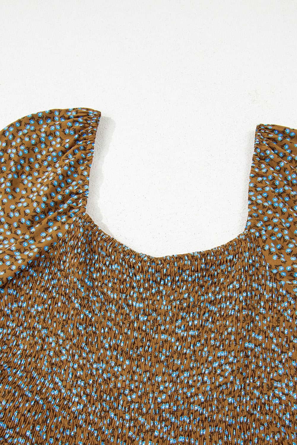 Brown Floral Print Western Smocked Bodice Square Neck Wide Leg Jumpsuit