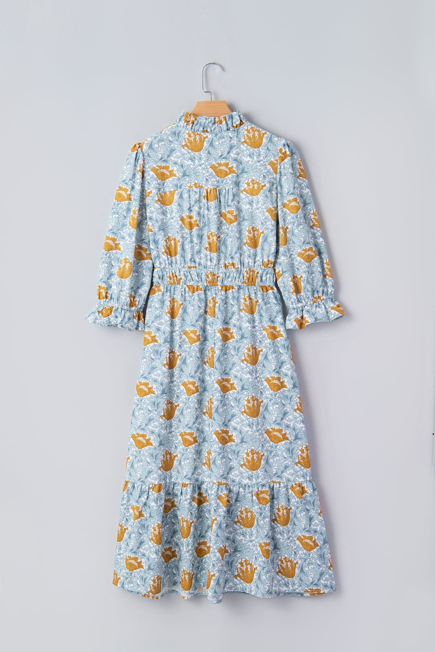 Brown Floral Printed Frilled V Neck Bracelet Sleeve Long Dress