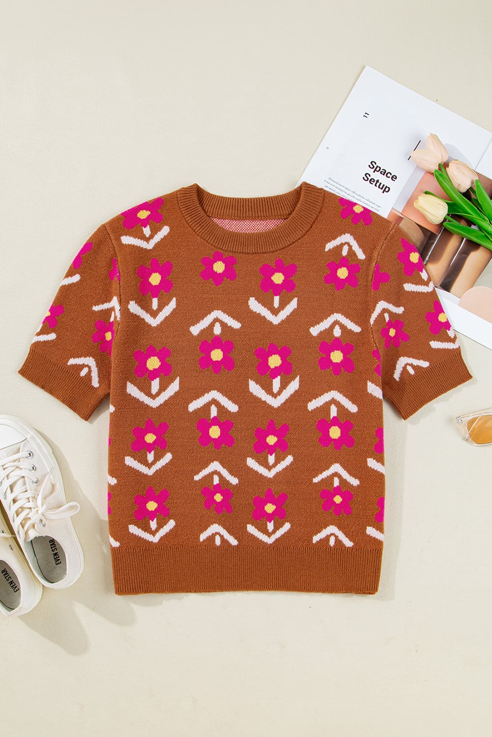 Brown Floral Short Puff Sleeve Sweater