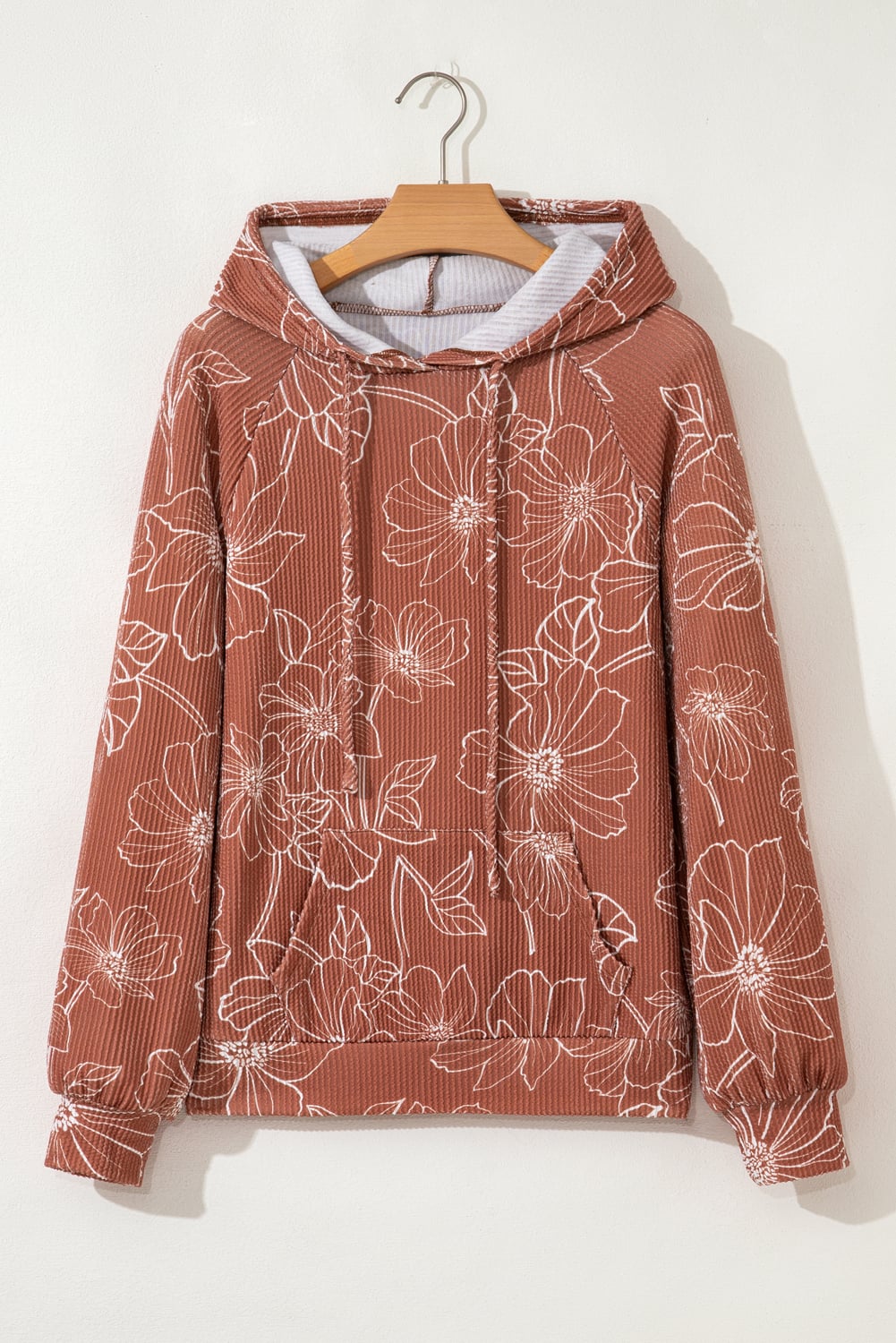 Brown Floral Twisted Rib Drawstring Kangaroo Pocket Hoodie