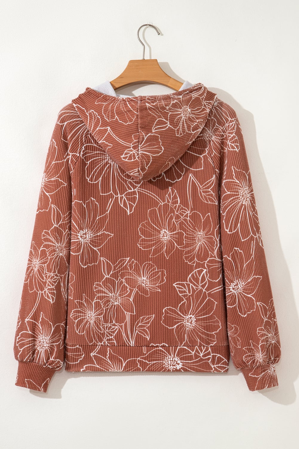 Brown Floral Twisted Rib Drawstring Kangaroo Pocket Hoodie