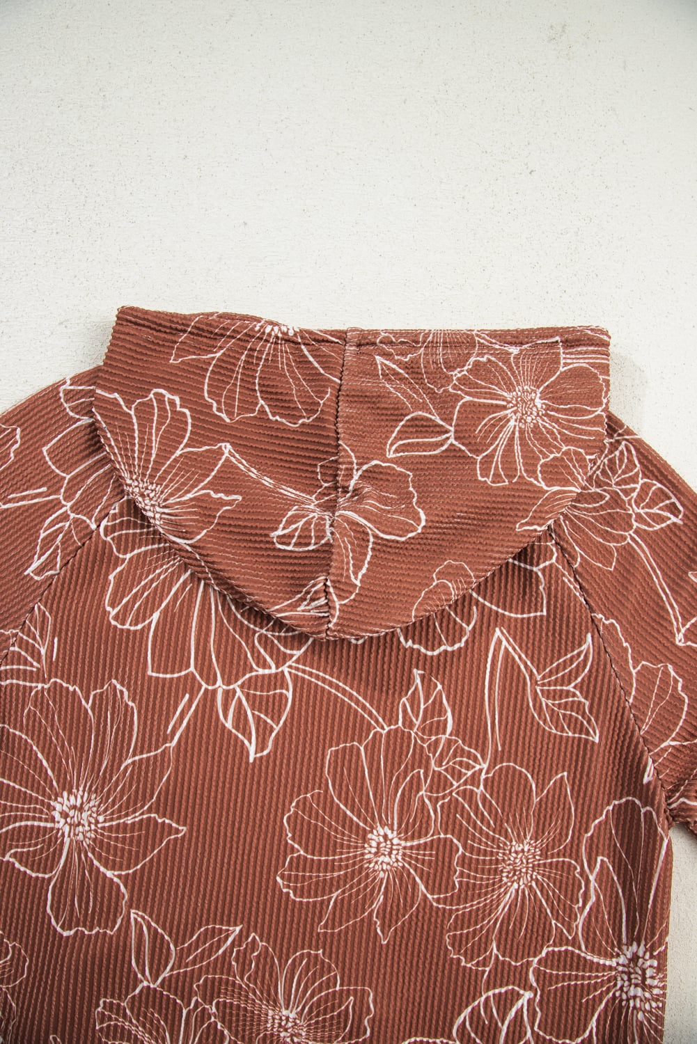 Brown Floral Twisted Rib Drawstring Kangaroo Pocket Hoodie