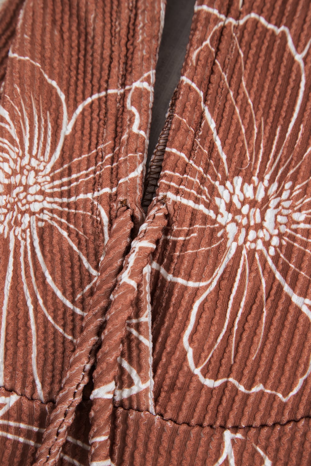 Brown Floral Twisted Rib Drawstring Kangaroo Pocket Hoodie