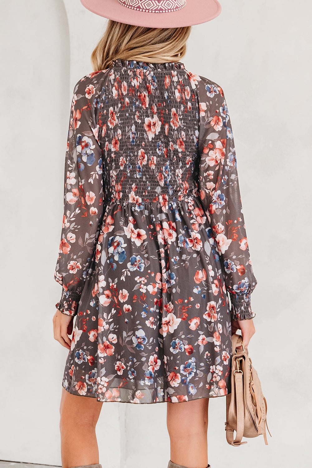Brown Frilly Smocked Bodice Floral Mesh Long Sleeve Mini Dress