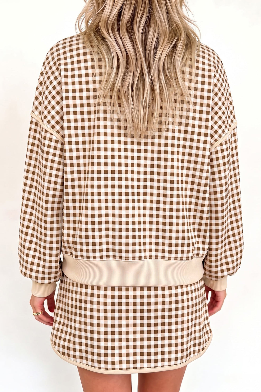 Brown Gingham Oversized Ribbed Trim Crew Neck Long Sleeve Top and Skort Set