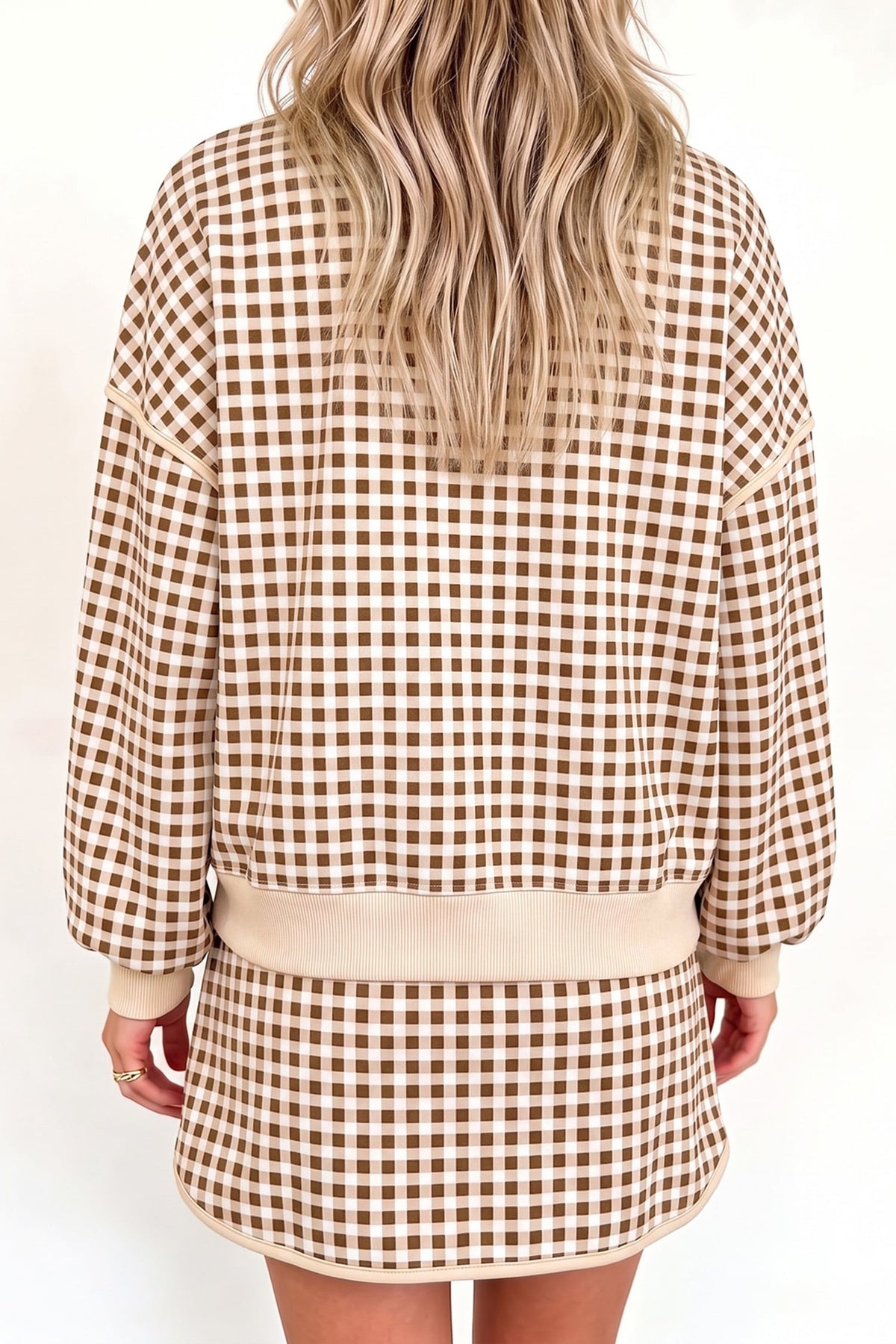 Brown Gingham Oversized Ribbed Trim Crew Neck Long Sleeve Top and Skort Set
