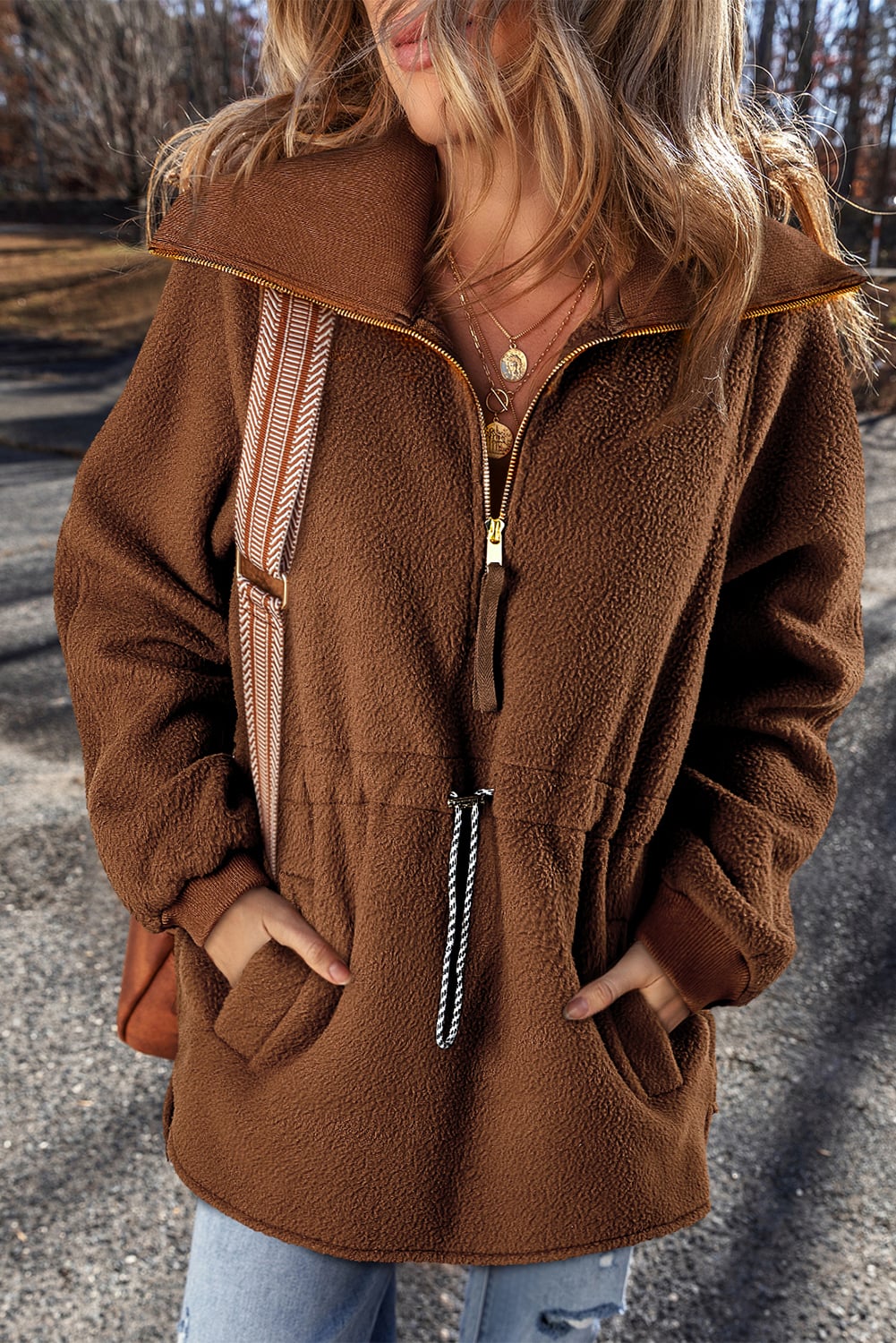 Brown Half Zip Fleece Pullover Sweatshirt
