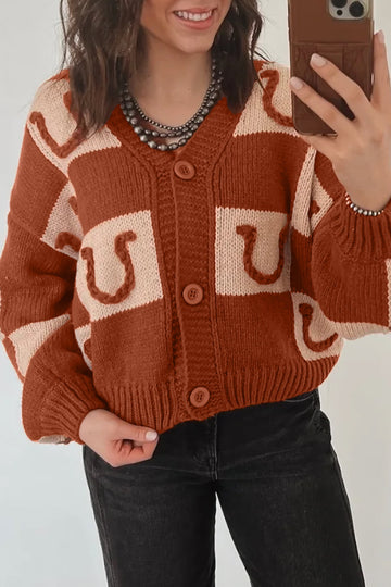 Brown Horseshoe Plaid V Neck Knit Button Front Sweater Cardigan