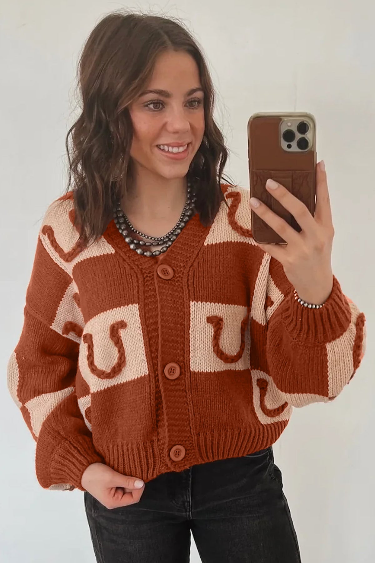 Brown Horseshoe Plaid V Neck Knit Button Front Sweater Cardigan