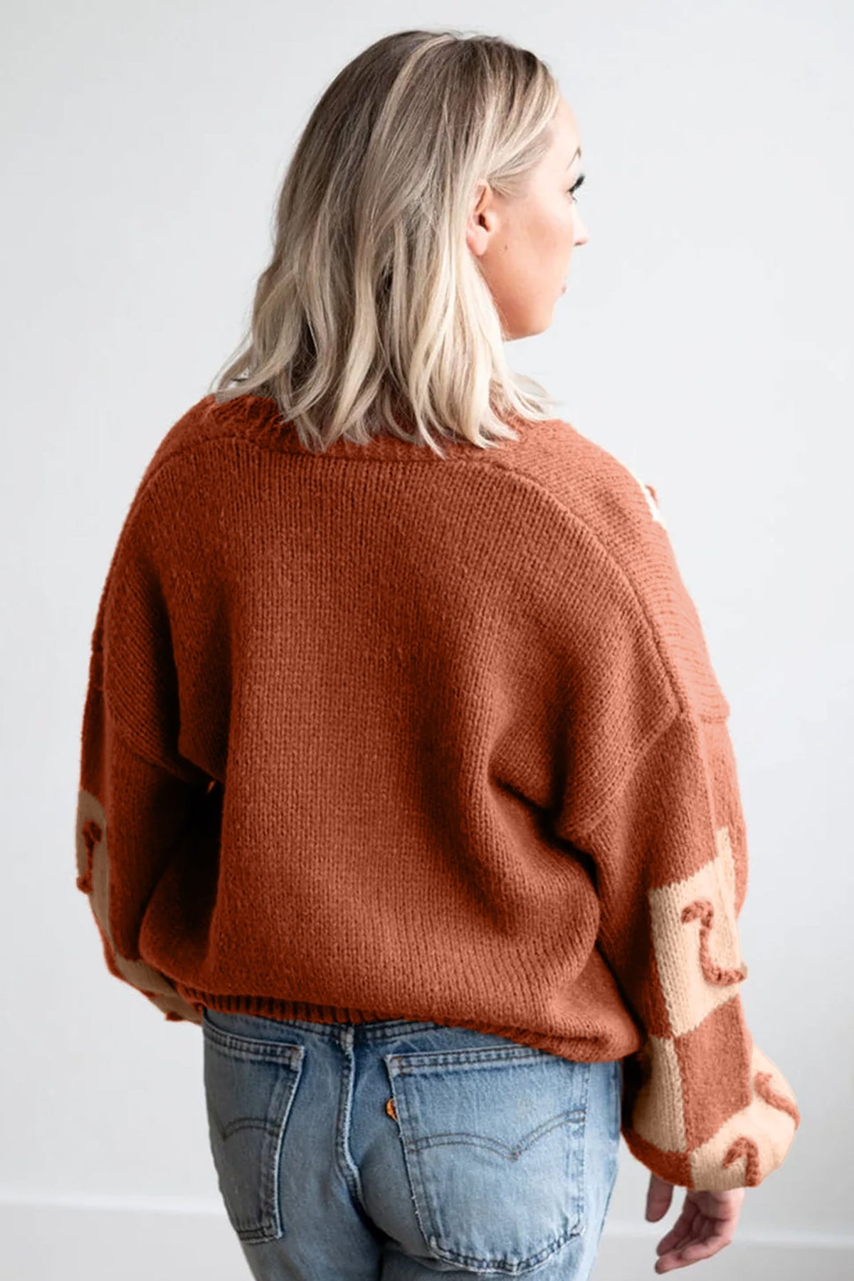 Brown Horseshoe Plaid V Neck Knit Button Front Sweater Cardigan