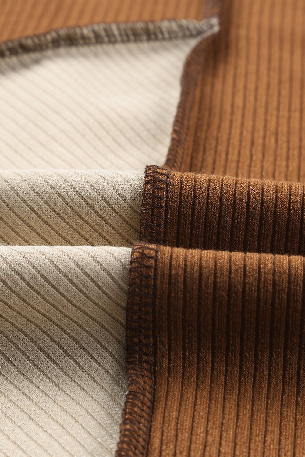 Brown Irregular Color Block Seaming Trim Rib Knit Top