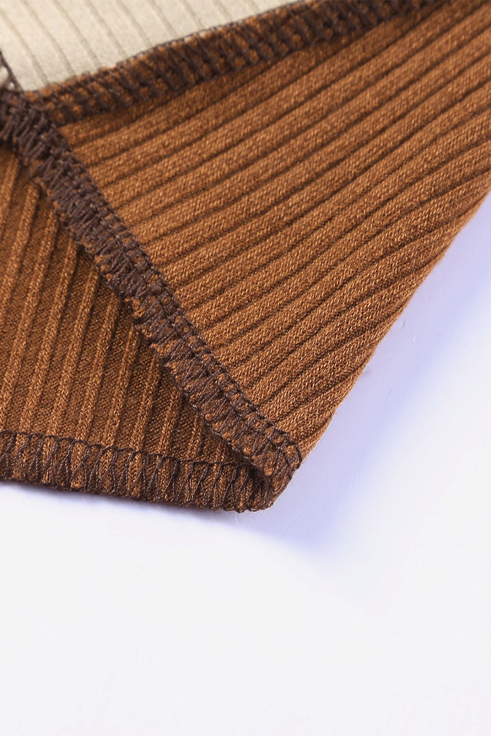 Brown Irregular Color Block Seaming Trim Rib Knit Top