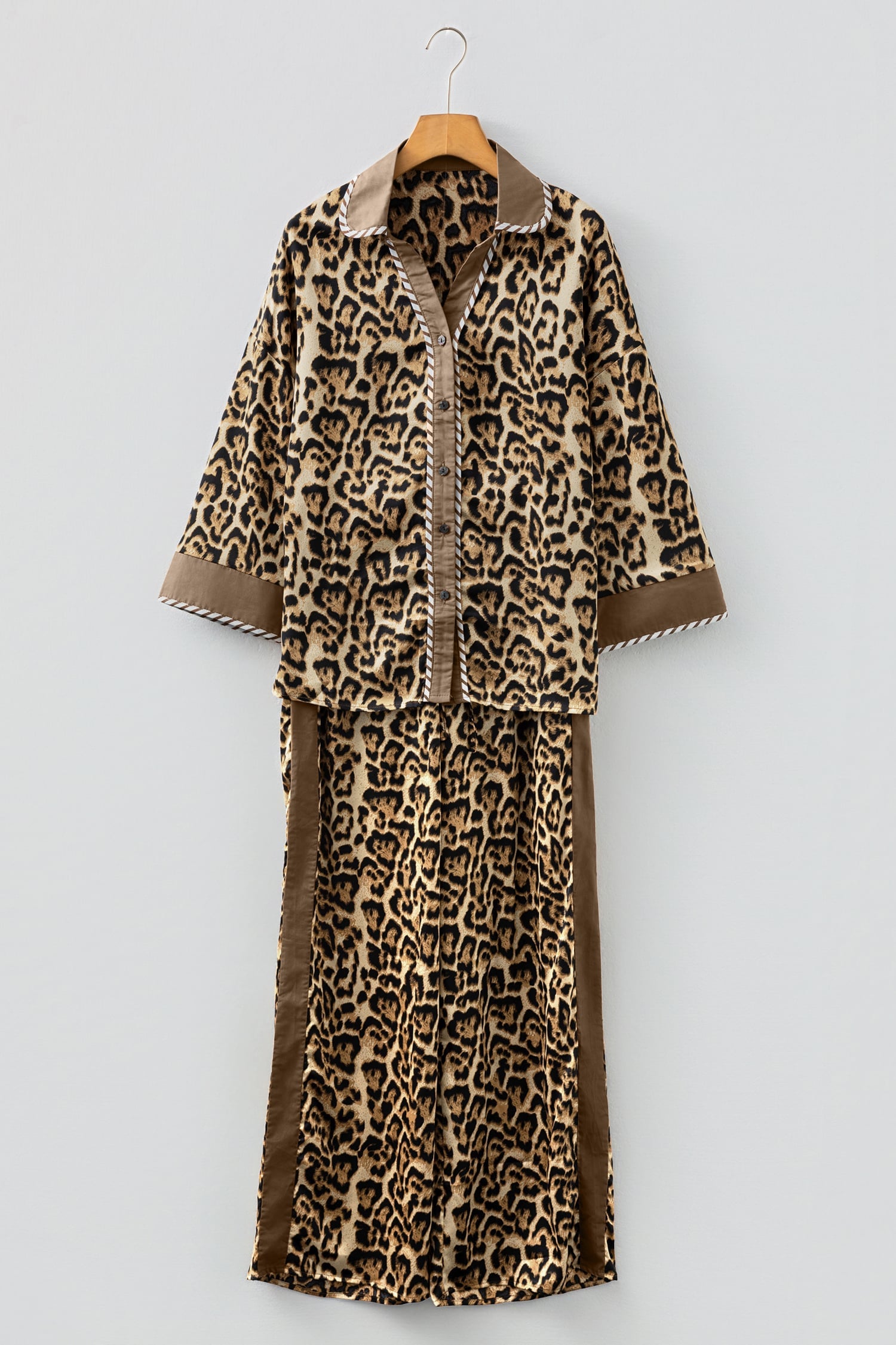 Brown Leopard Collared 3/4 Sleeve Shirt and Loose Pants Two Piece Outfit Set