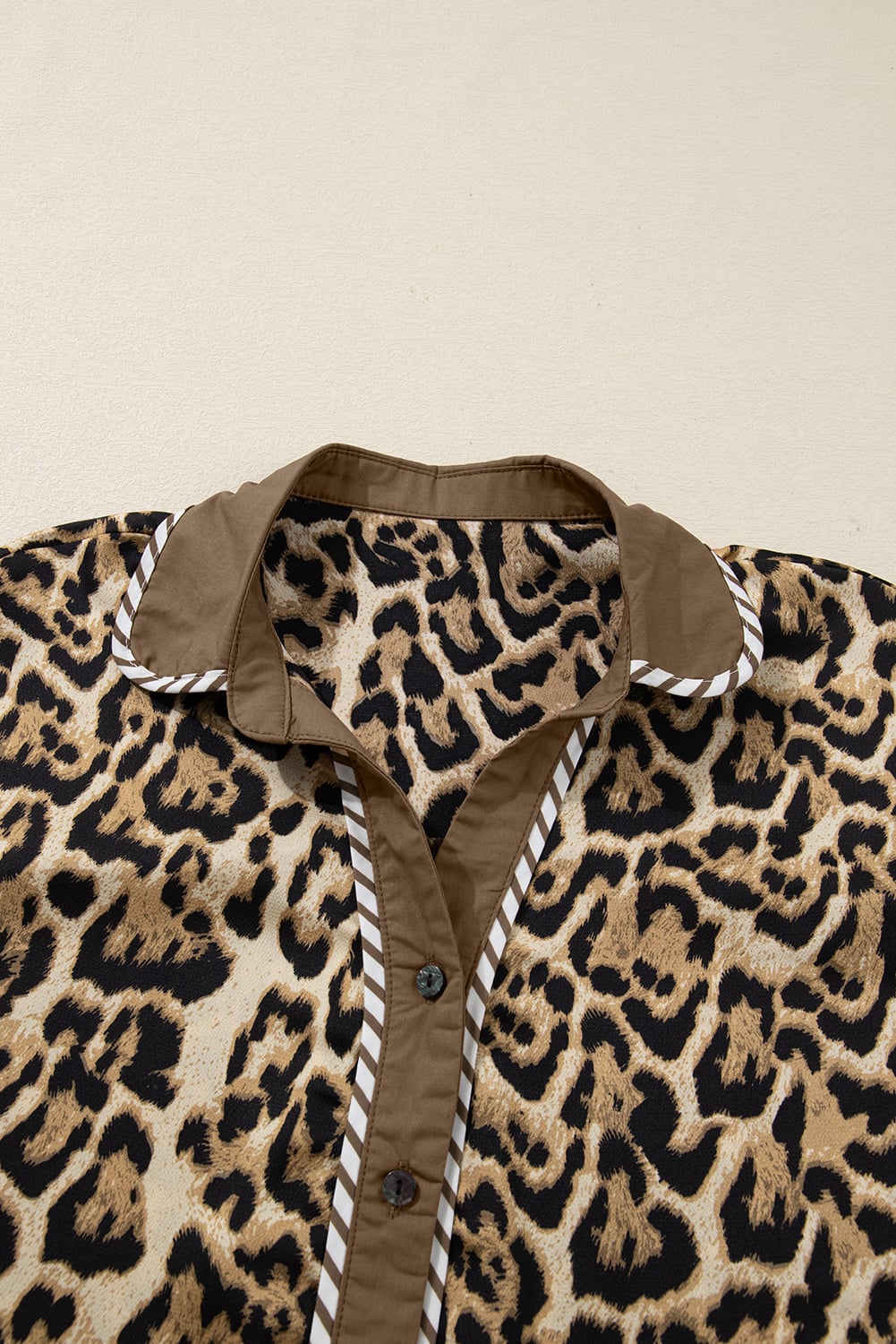 Brown Leopard Collared 3/4 Sleeve Shirt and Loose Pants Two Piece Outfit Set