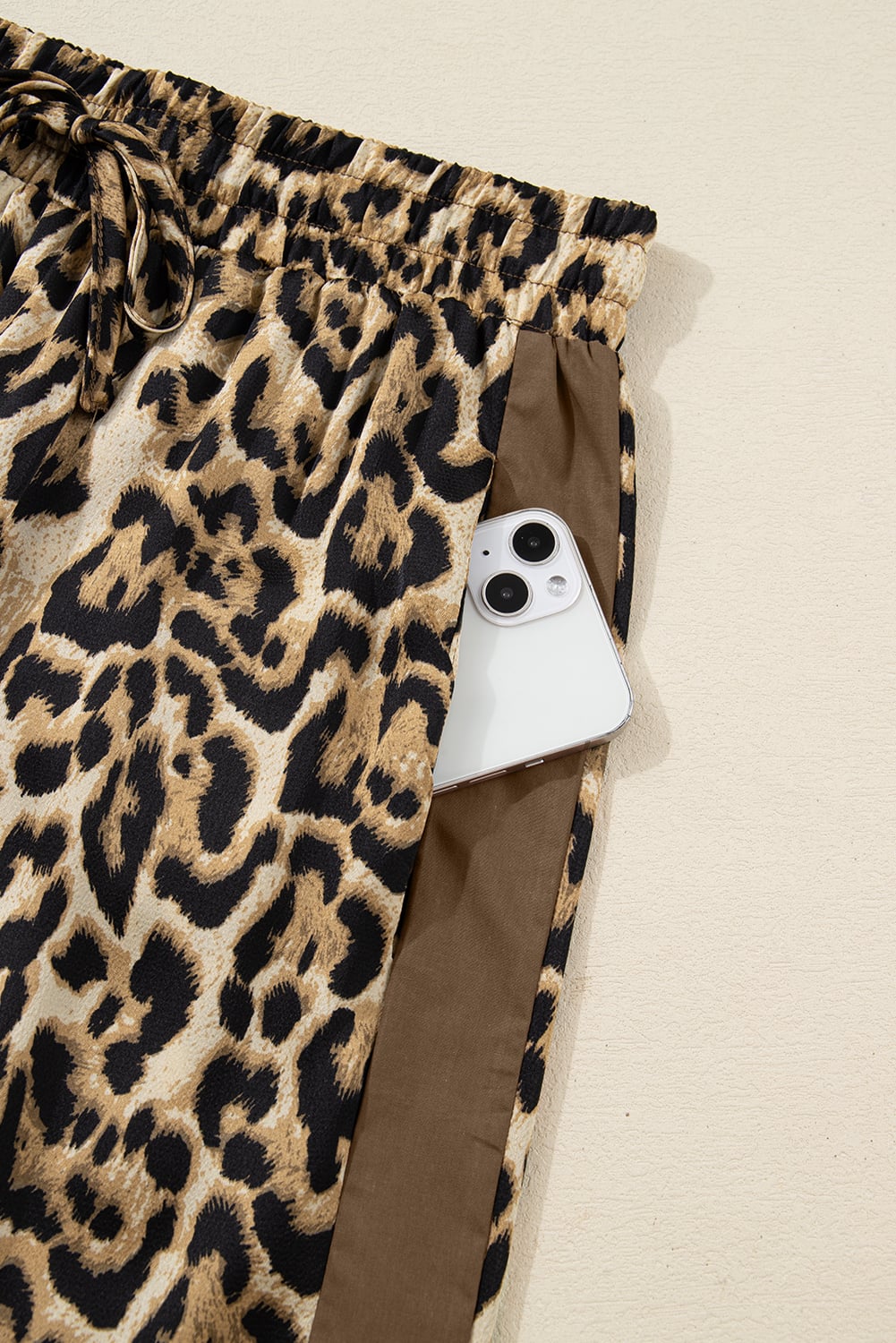 Brown Leopard Collared 3/4 Sleeve Shirt and Loose Pants Two Piece Outfit Set
