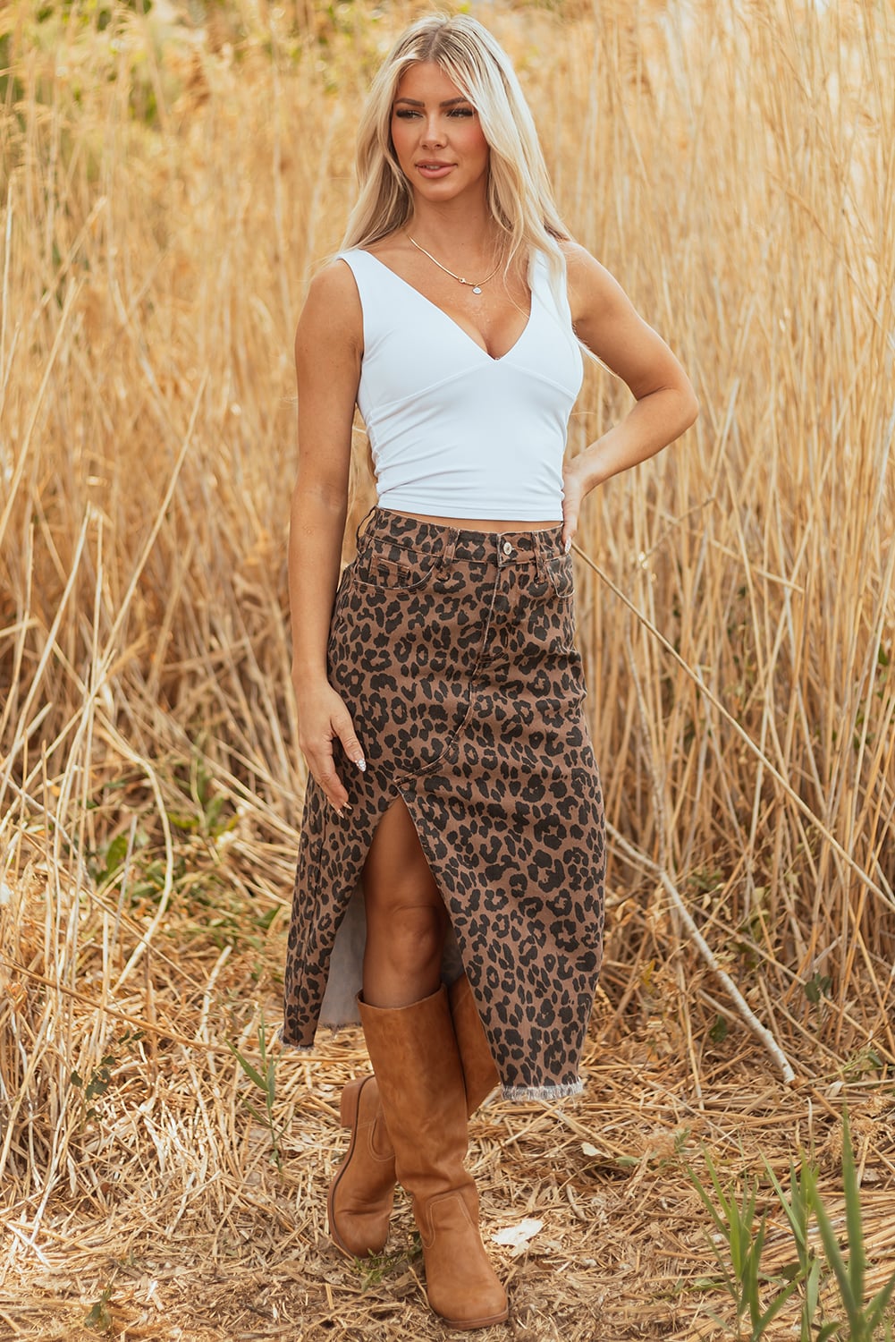 Brown Leopard Print Frayed Edge Denim Skirt Long Casual Daily Wear