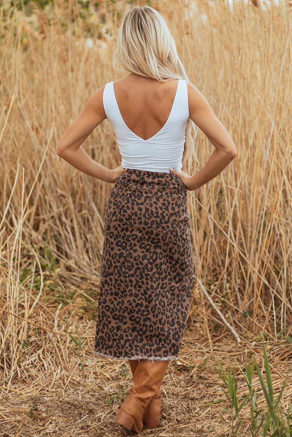 Brown Leopard Print Frayed Edge Denim Skirt Long Casual Daily Wear