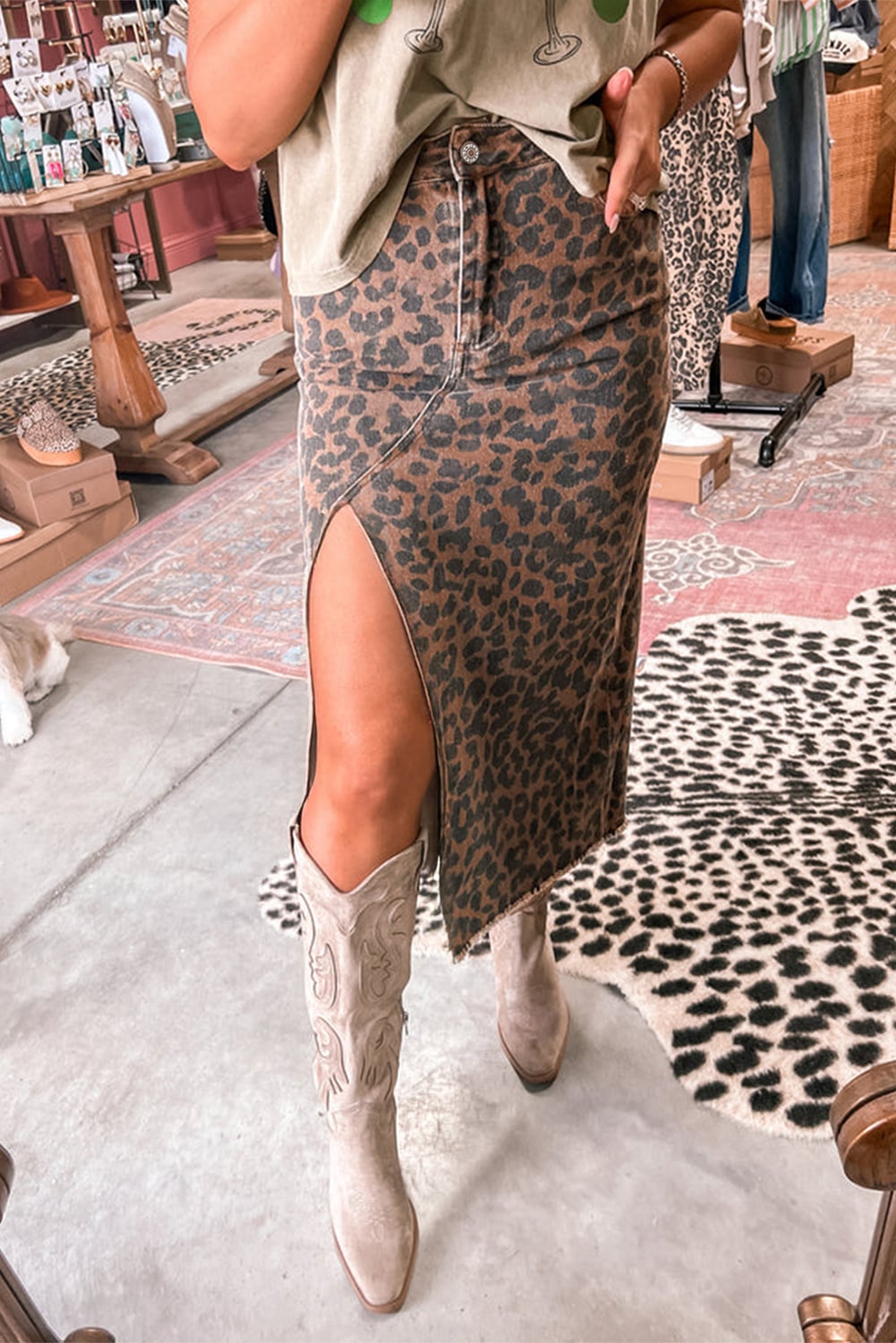 Brown Leopard Print Frayed Edge Denim Skirt Long Casual Daily Wear