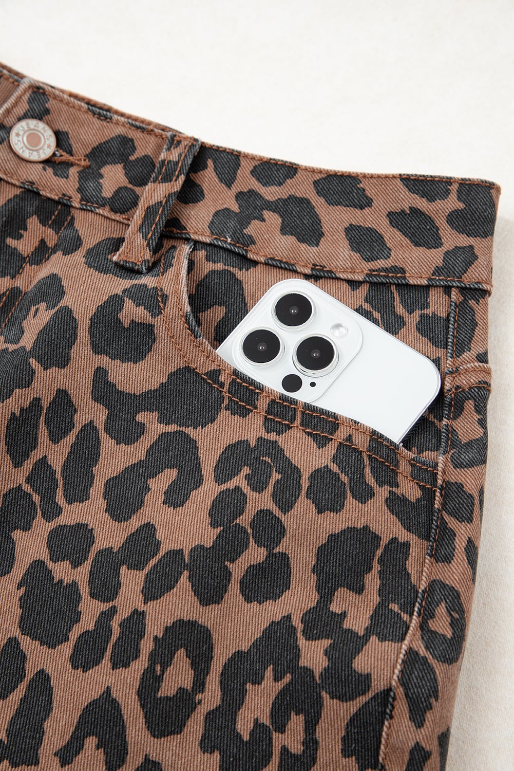 Brown Leopard Print Frayed Edge Denim Skirt Long Casual Daily Wear