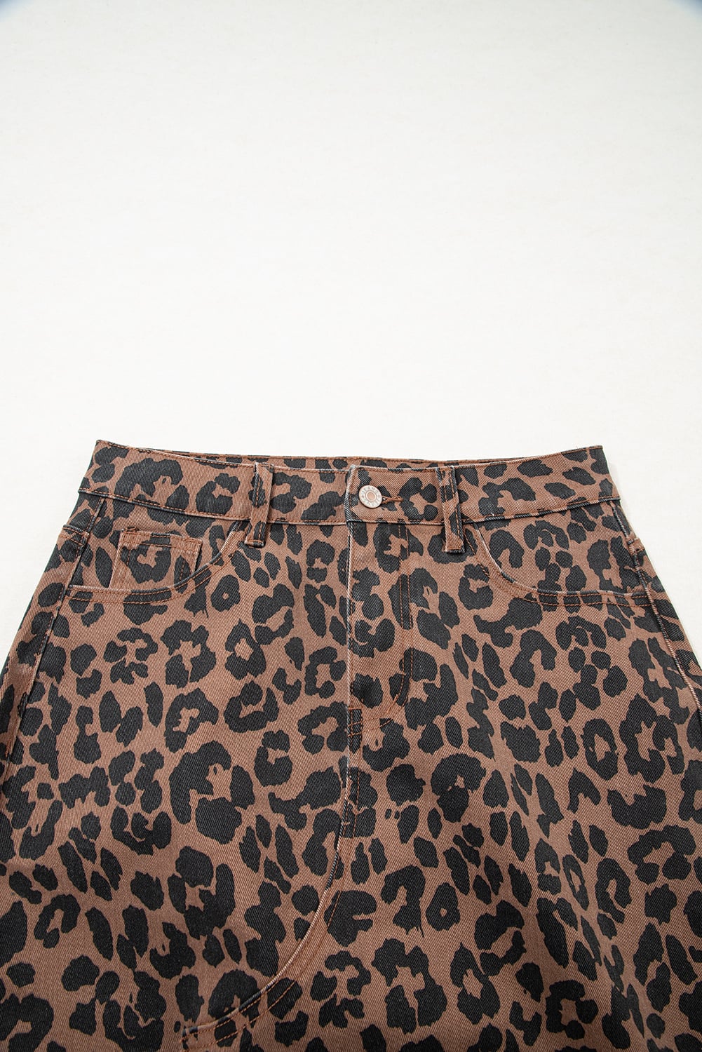 Brown Leopard Print Frayed Edge Denim Skirt Long Casual Daily Wear