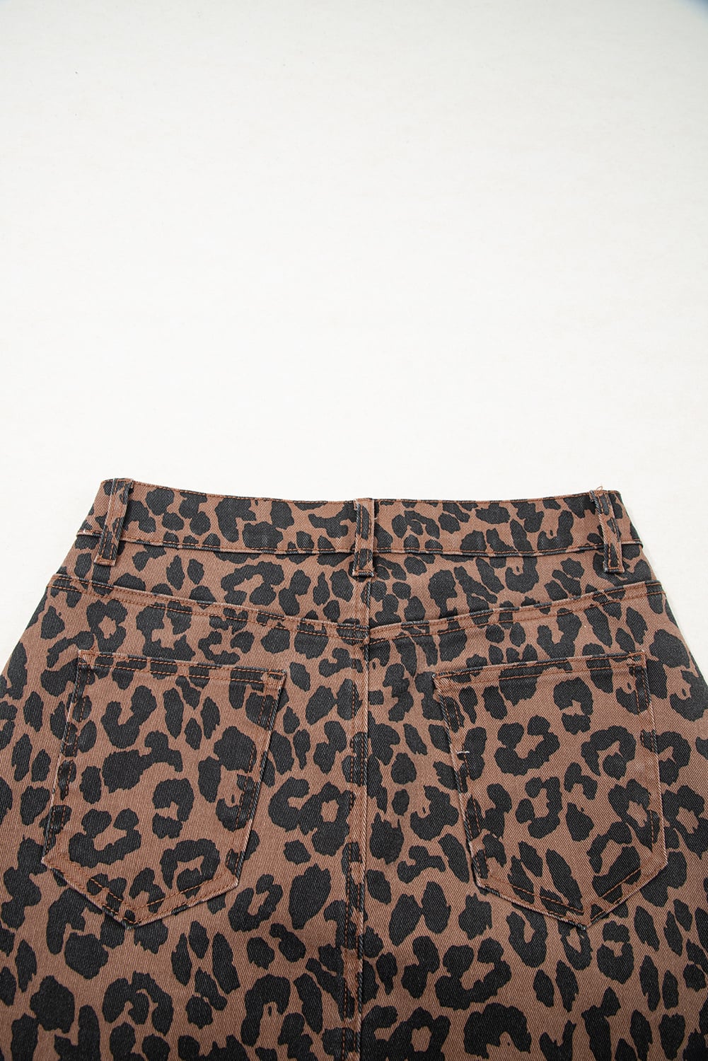 Brown Leopard Print Frayed Edge Denim Skirt Long Casual Daily Wear