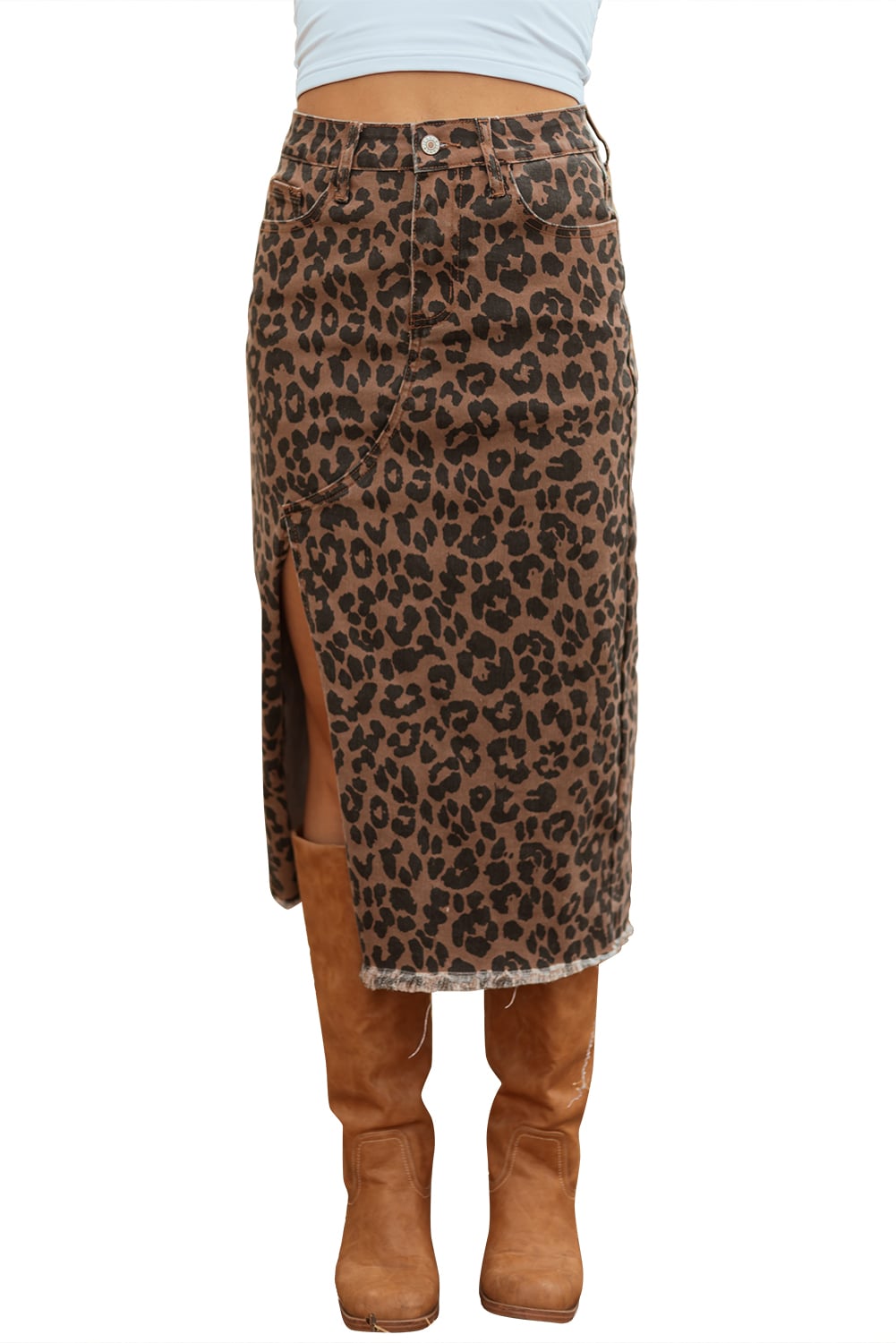 Brown Leopard Print Frayed Edge Denim Skirt Long Casual Daily Wear