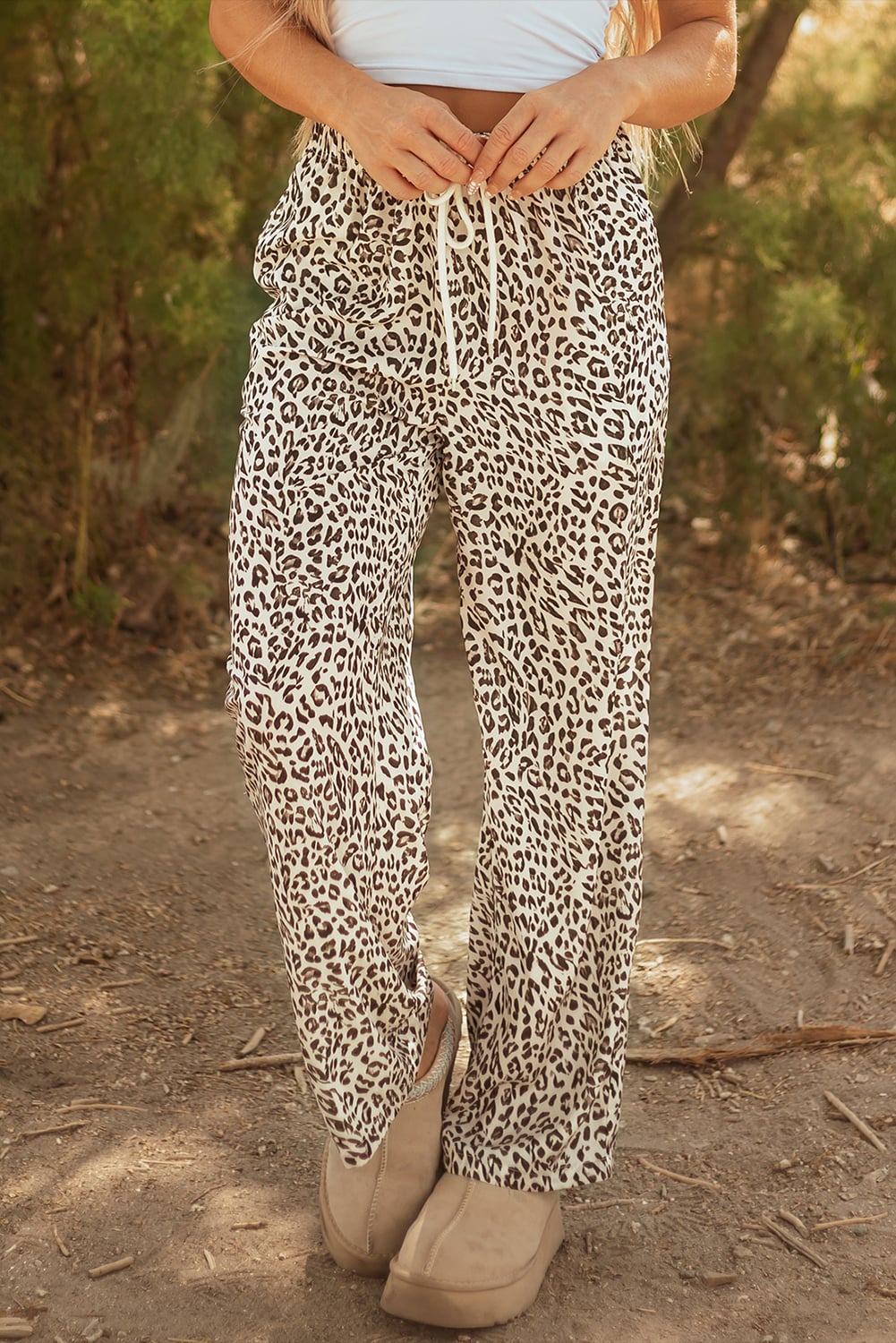 Brown Leopard Drawstring Elastic Waistband Loose Pants