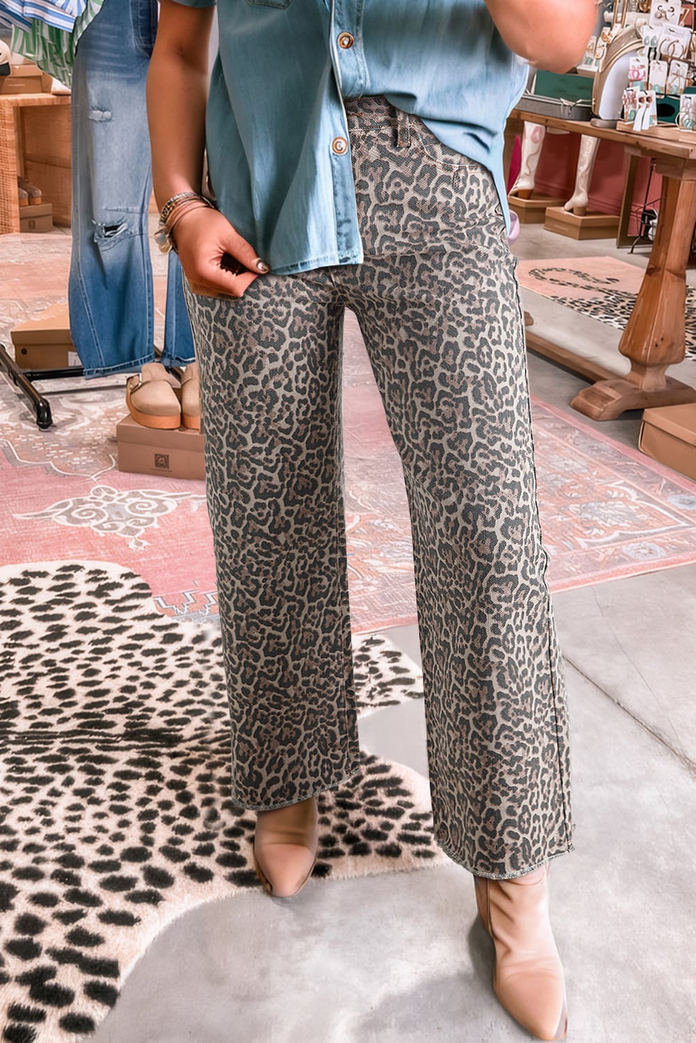 Brown Leopard Frayed Edge Wide Leg High Waist Jeans