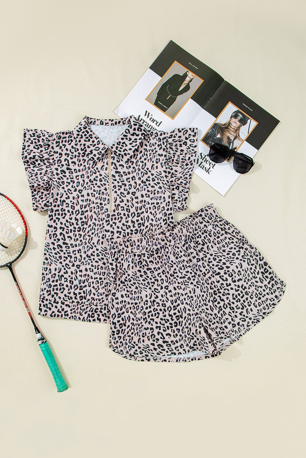 Brown Leopard Half Zipper Collared Ruffled Sleeve Top and Short Set
