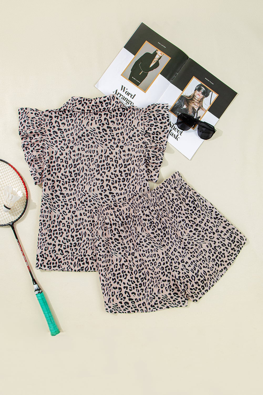 Brown Leopard Half Zipper Collared Ruffled Sleeve Top and Short Set