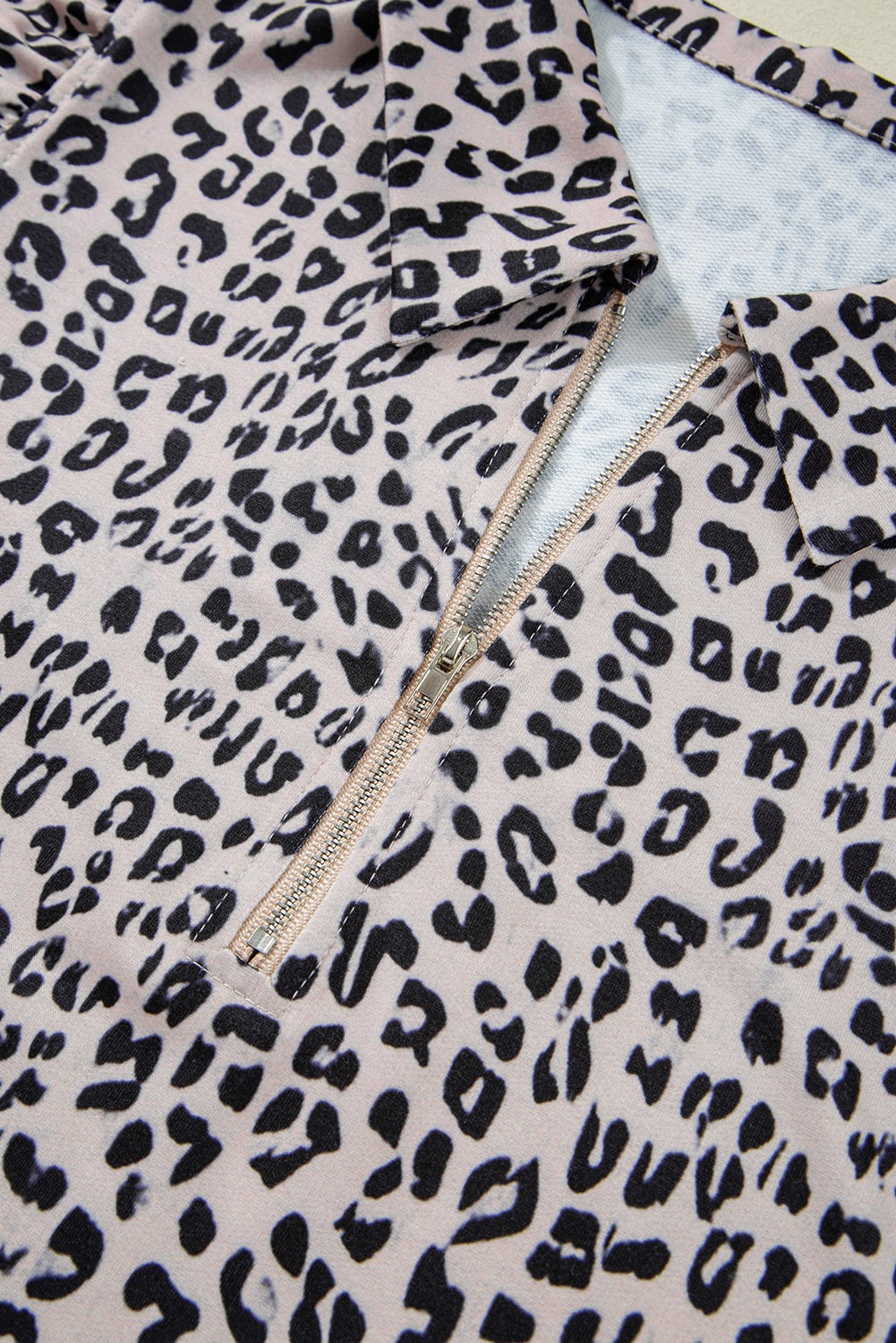 Brown Leopard Half Zipper Collared Ruffled Sleeve Top and Short Set