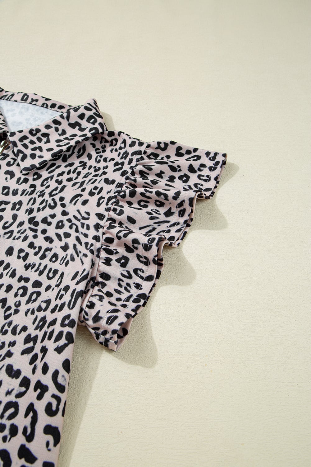 Brown Leopard Half Zipper Collared Ruffled Sleeve Top and Short Set