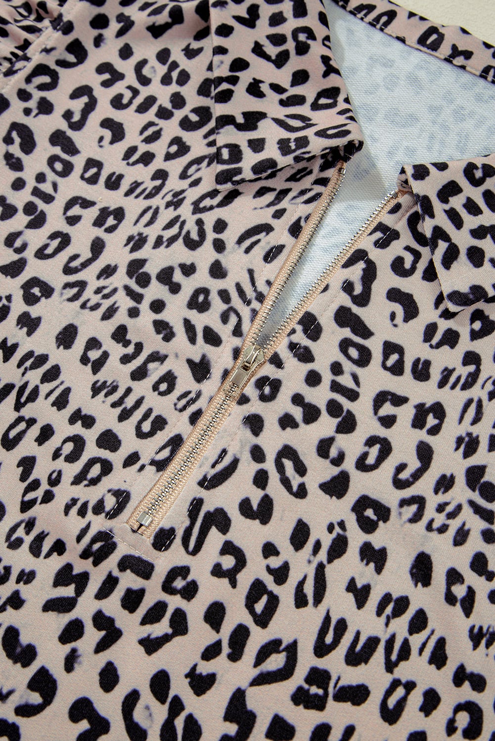 Brown Leopard Half Zipper Collared Ruffled Sleeve Top and Short Set