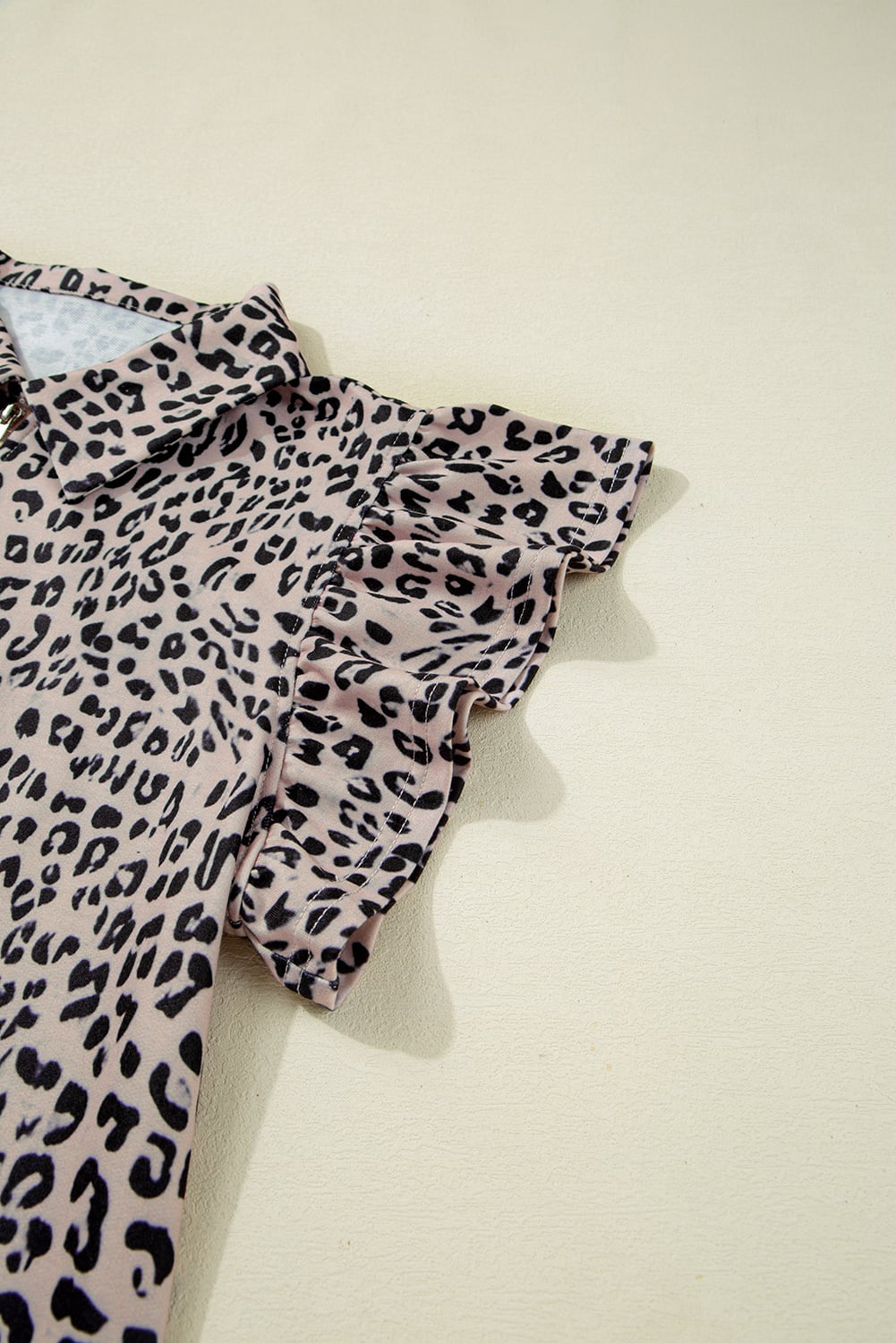 Brown Leopard Half Zipper Collared Ruffled Sleeve Top and Short Set
